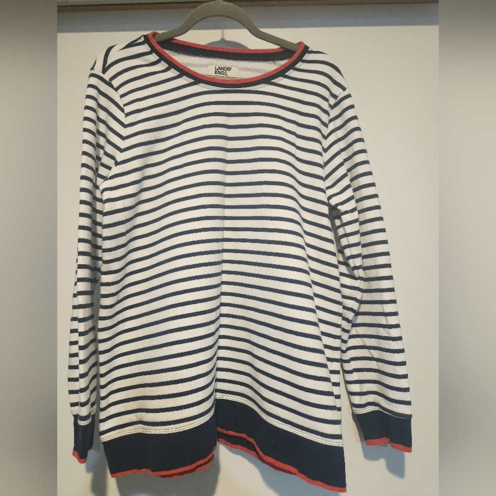 Lands' End Navy and White Nautical Striped Long Sleeve Top Size Large